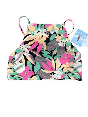 Roxy Black Beach Classic Full Crop Top Bikini Floral NWT Small Pink Peach Lace